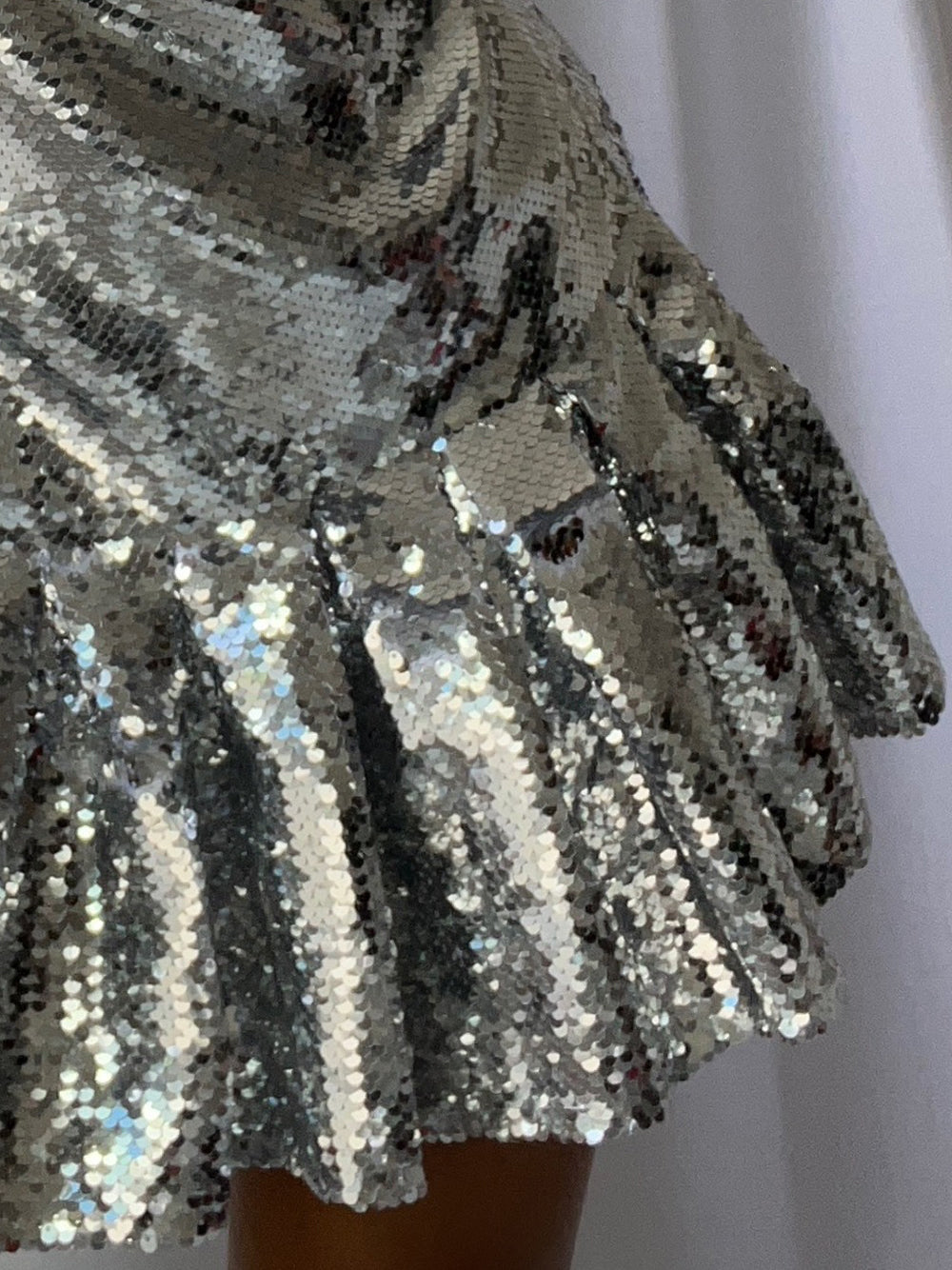 Silver High Neck Puff Sleeve Sequin Ruffle Hem A-Line Mini Dress