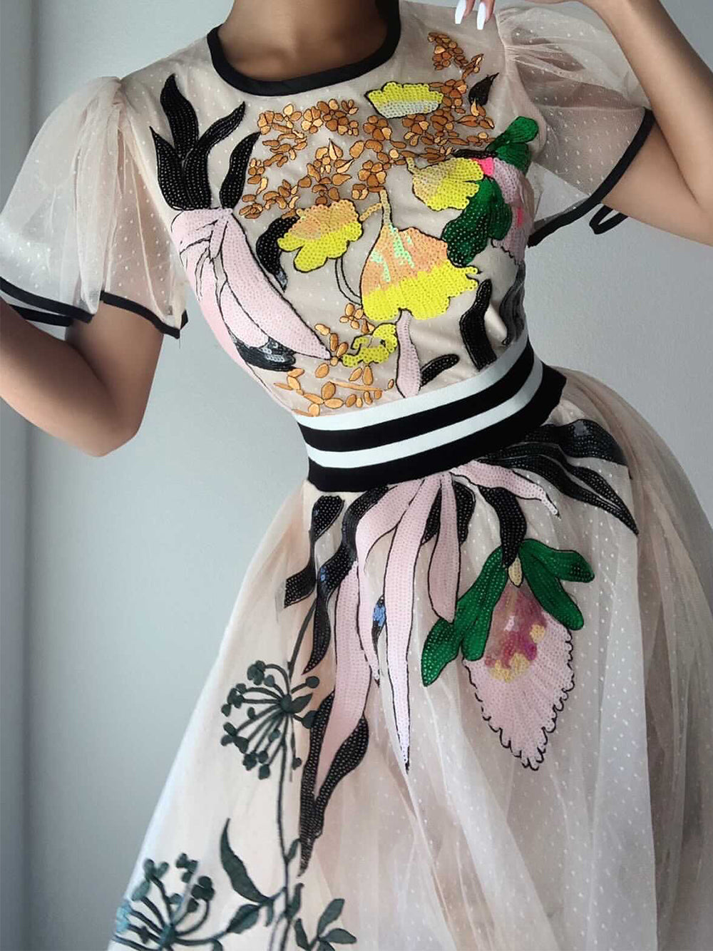 Apricot Round Neck Flutter Sleeve Floral Sequin Tulle A-Line Midi Dress