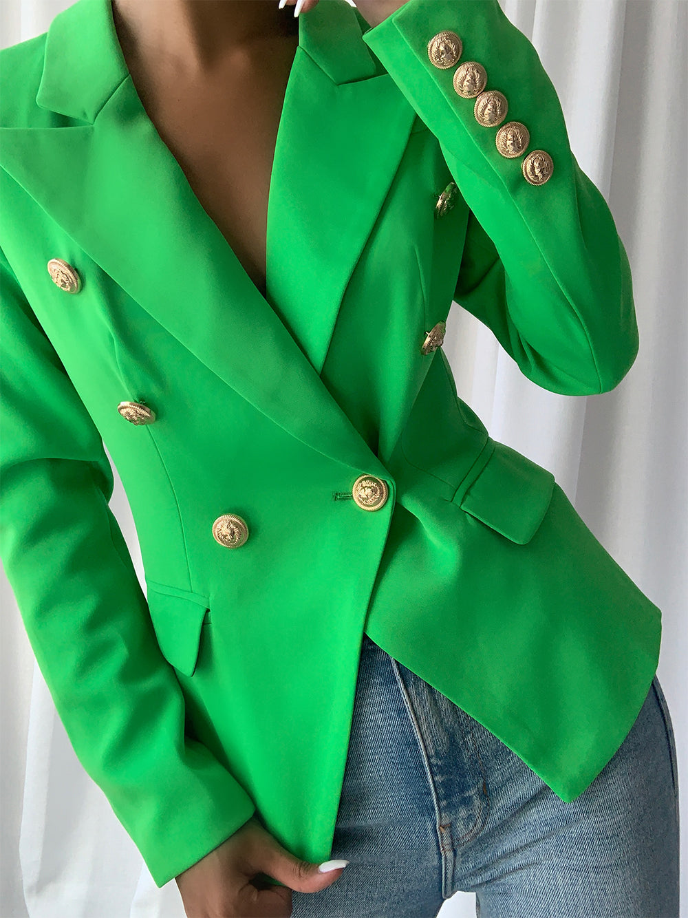 Green Peak Lapel Double Breasted Gold Button Fitted Blazer