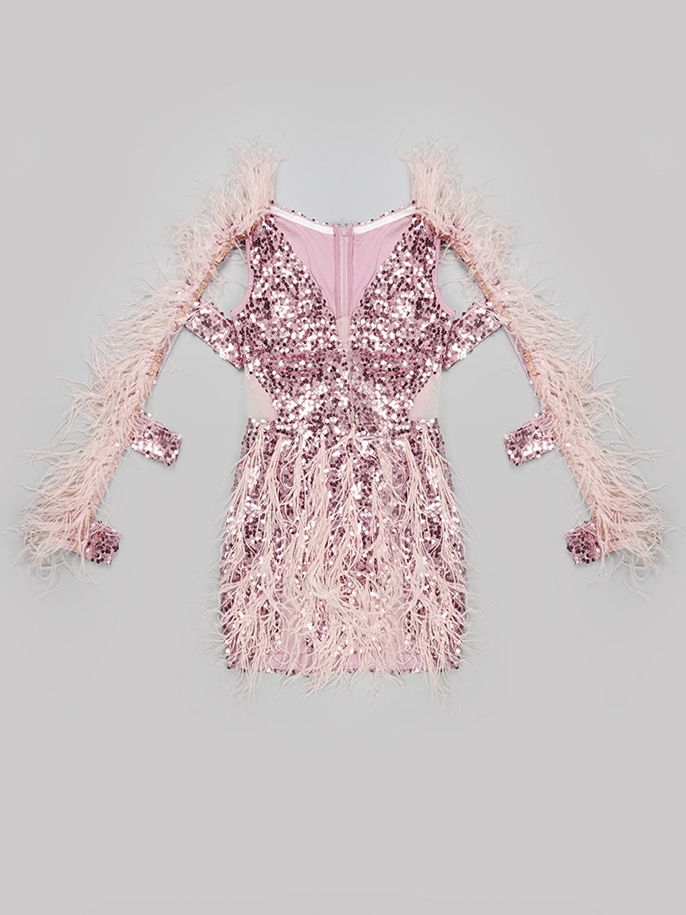 Pink V-Neck Sequin Feather Trim Cutout Sleeve Bodycon Mini Dress 7