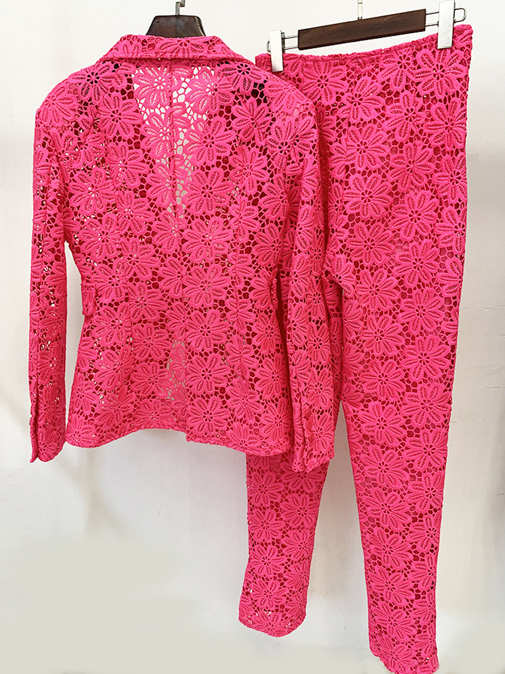 Fuchsia Notch Lapel Floral Lace Blazer And Pants Set 8