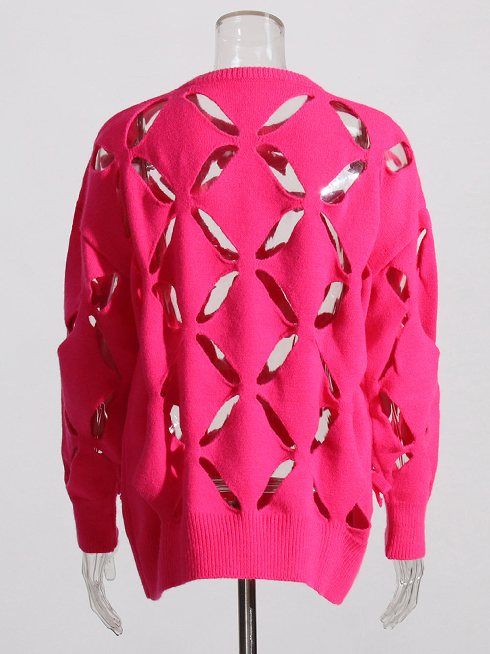 Fuchsia Round Neck Bow Cutout Long Sleeve Knit Sweater