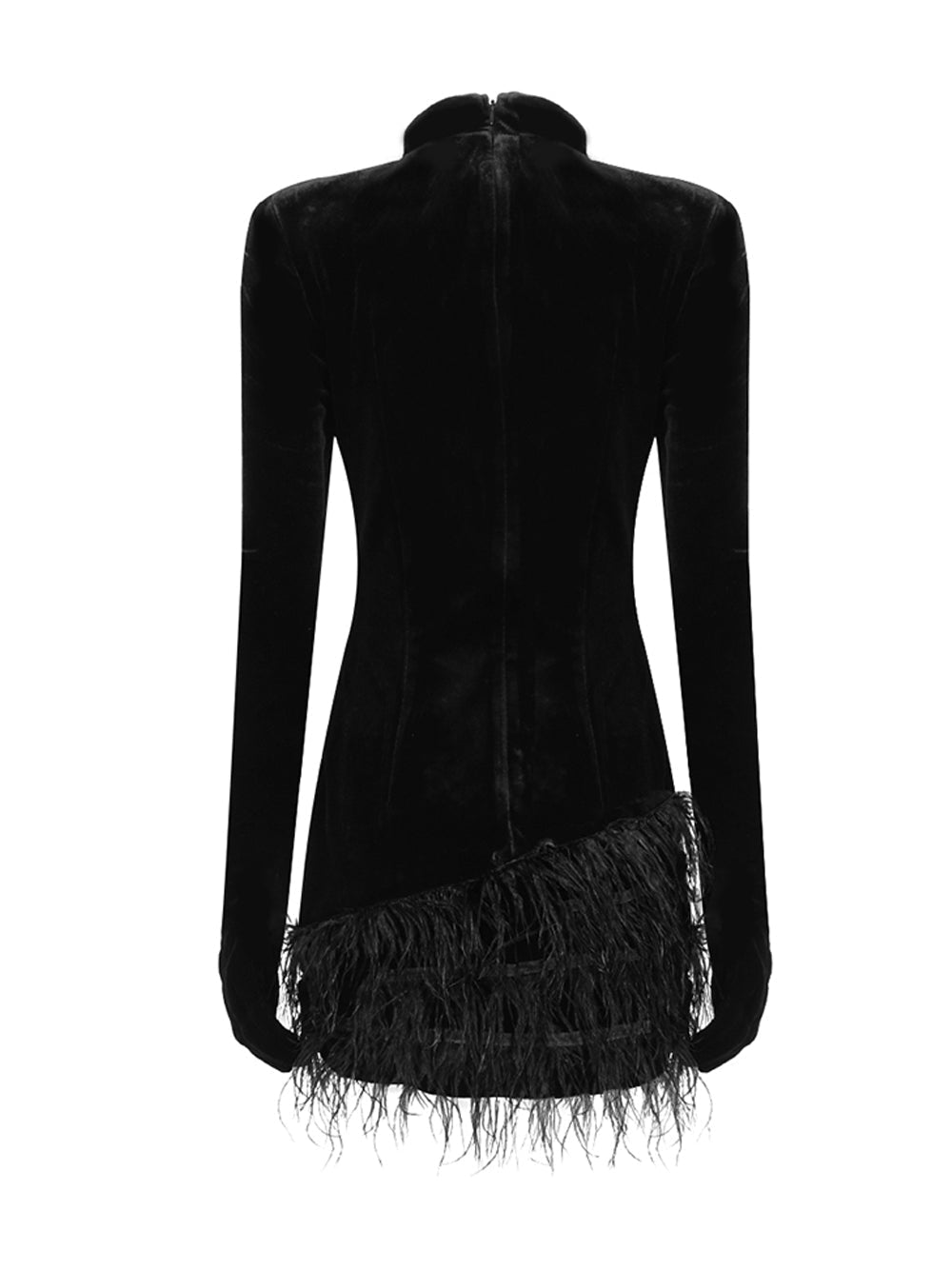 Black High Neck Long Sleeve Velvet Rhinestone Feather Hem Bodycon Mini Dress
