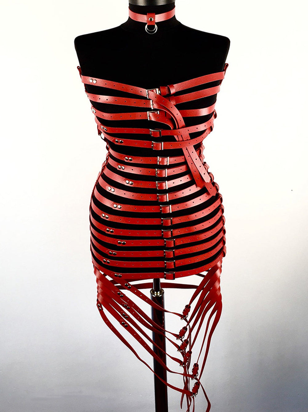 Red Multi Strap Buckle Belt Cage Harness Skirt