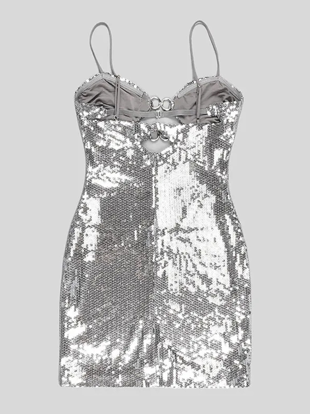 Silver Spaghetti Strap Sequin O-Ring Cutout Bodycon Mini Dress 6