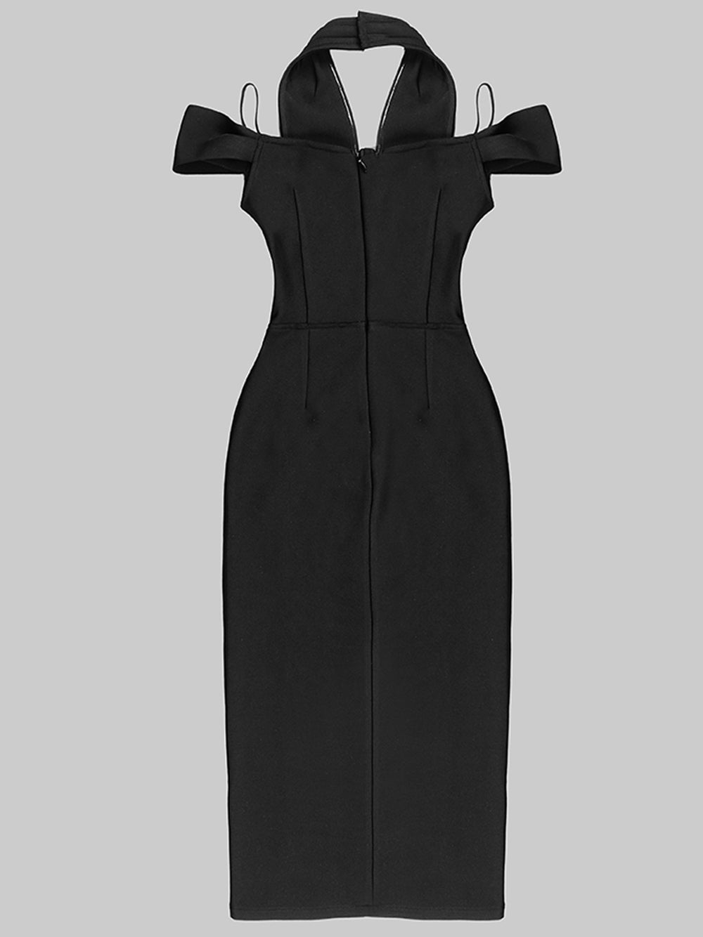 Black Off-Shoulder Draped Collar Deep Plunge High Slit Bodycon Midi Dress