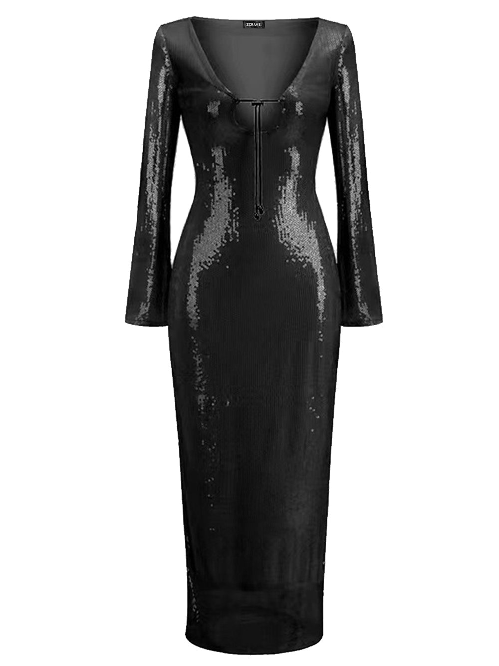 Black Plunge Neck Long Bell Sleeve Sequin Bodycon Maxi Dress