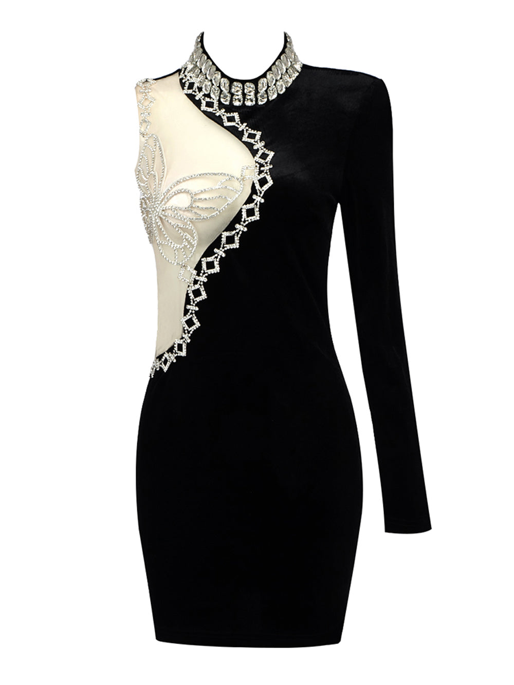 Black High Neck Rhinestone Butterfly Velvet One Sleeve Bodycon Mini Dress
