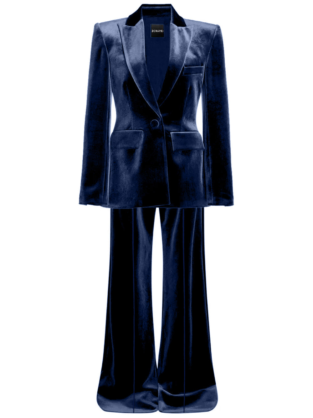 Navy Blue Peak Lapel Plunge Velvet Blazer And Flared Pants Set