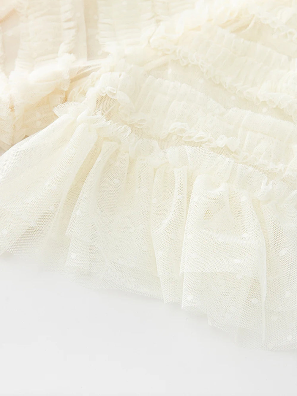 Ivory Round Neck Short Sleeve Tiered Ruffle Tulle A-Line Maxi Dress