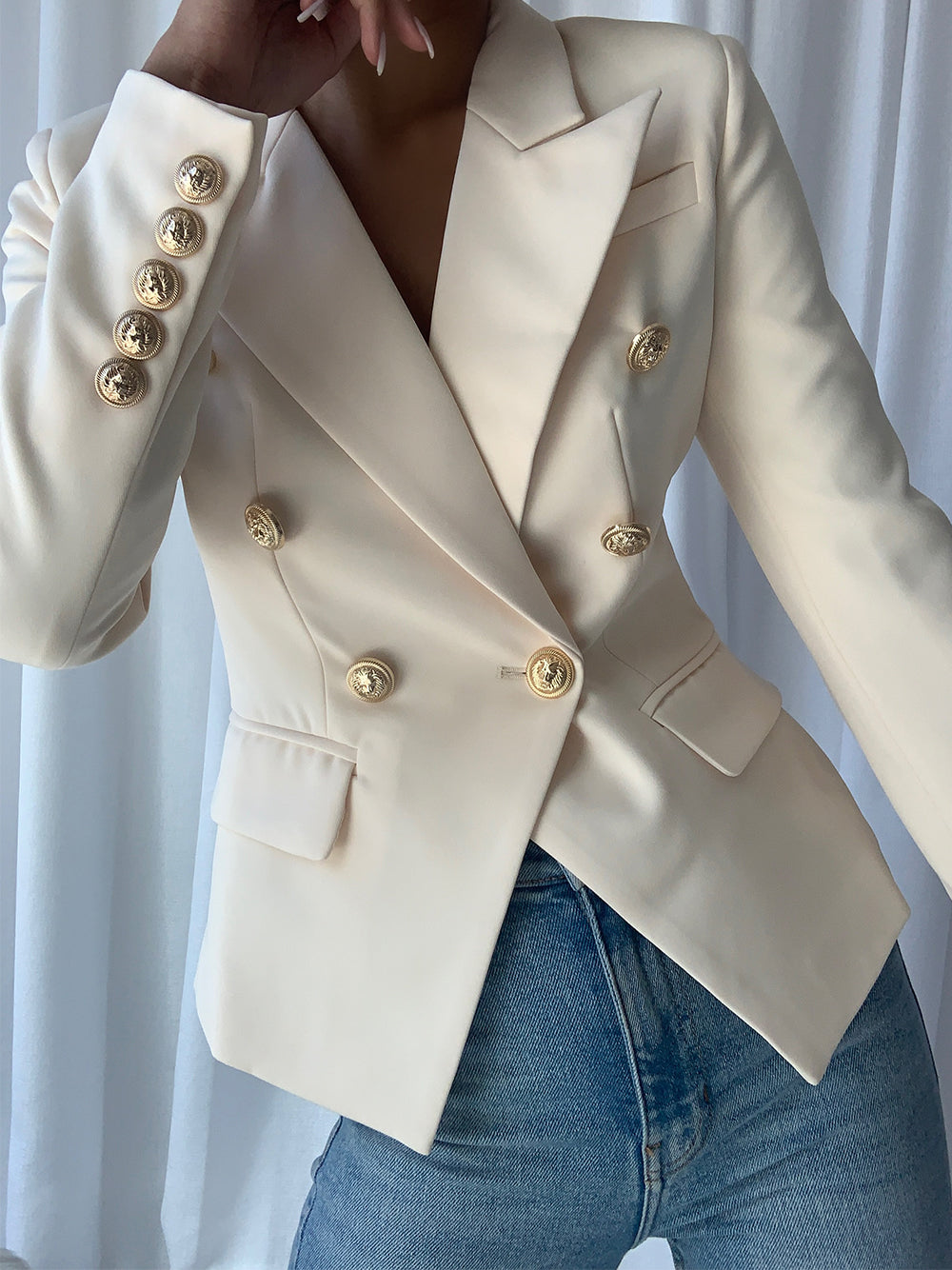 White Peaked Lapel Gold Button Double Breasted Blazer