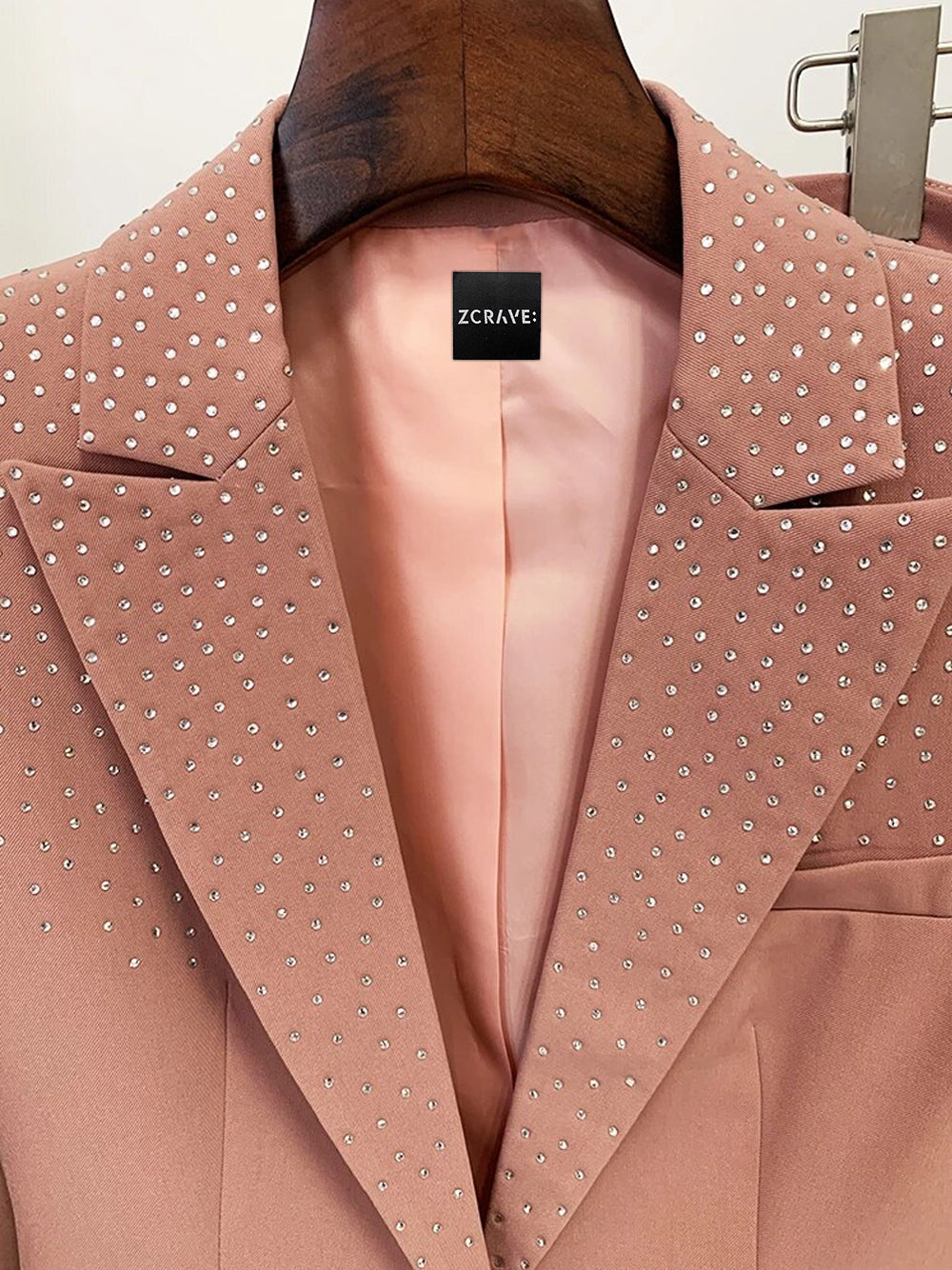 Pink Peak Lapel Rhinestone Embellished Blazer Trouser Set