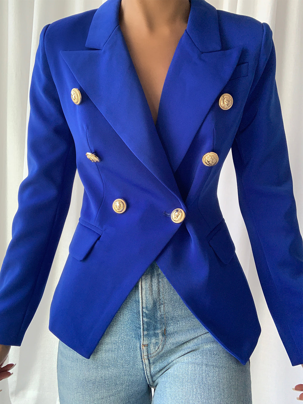 Blue Peak Lapel Double-Breasted Gold Button Blazer