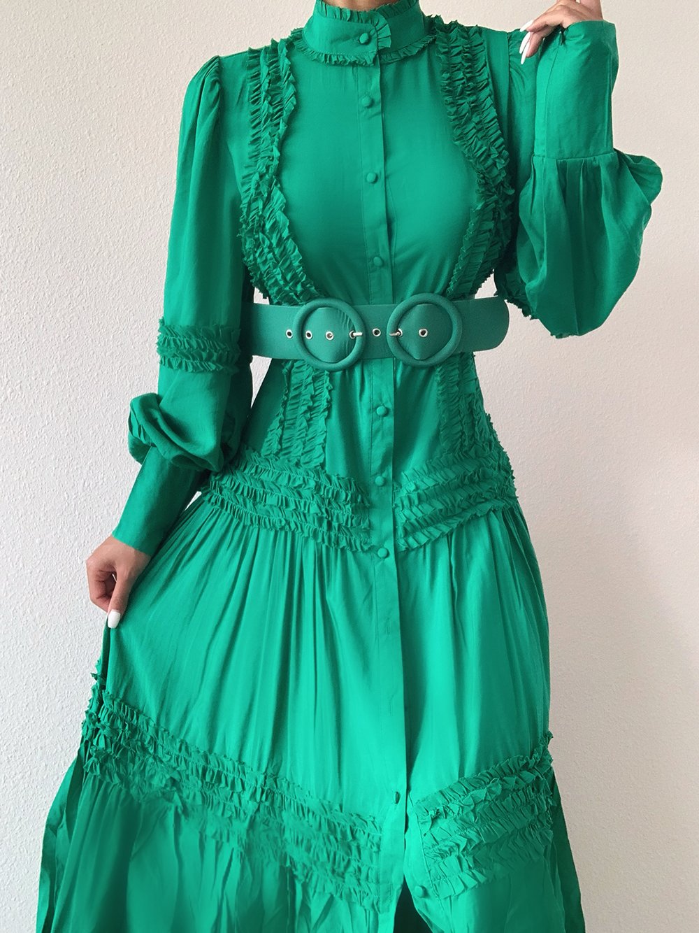 Green Mock Neck Button Front Ruffle Trim Belted Tiered Maxi Dress