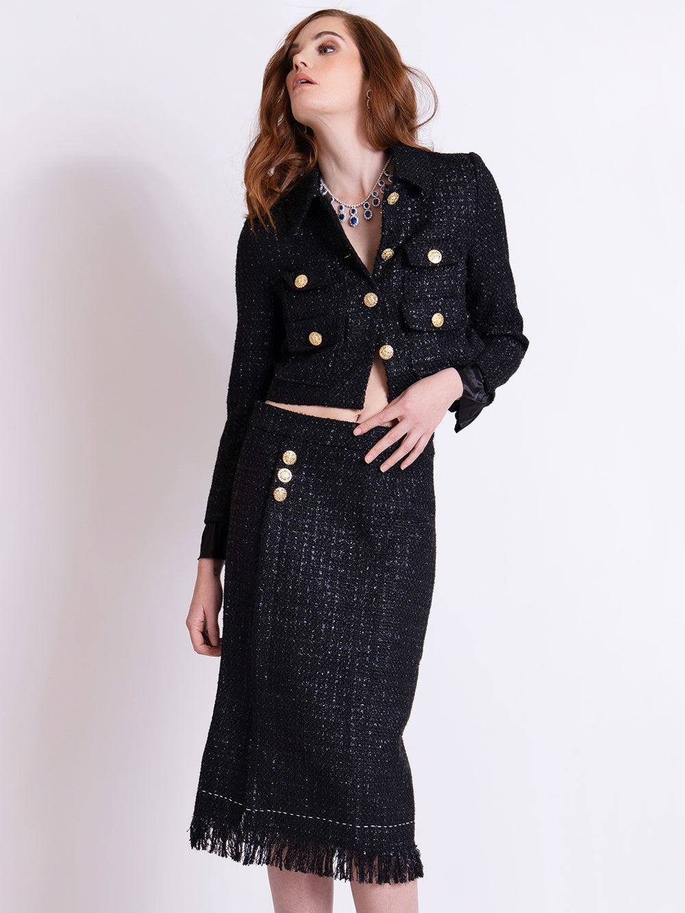 Black Gold Button Tweed Cropped Jacket and Fringe Skirt Set