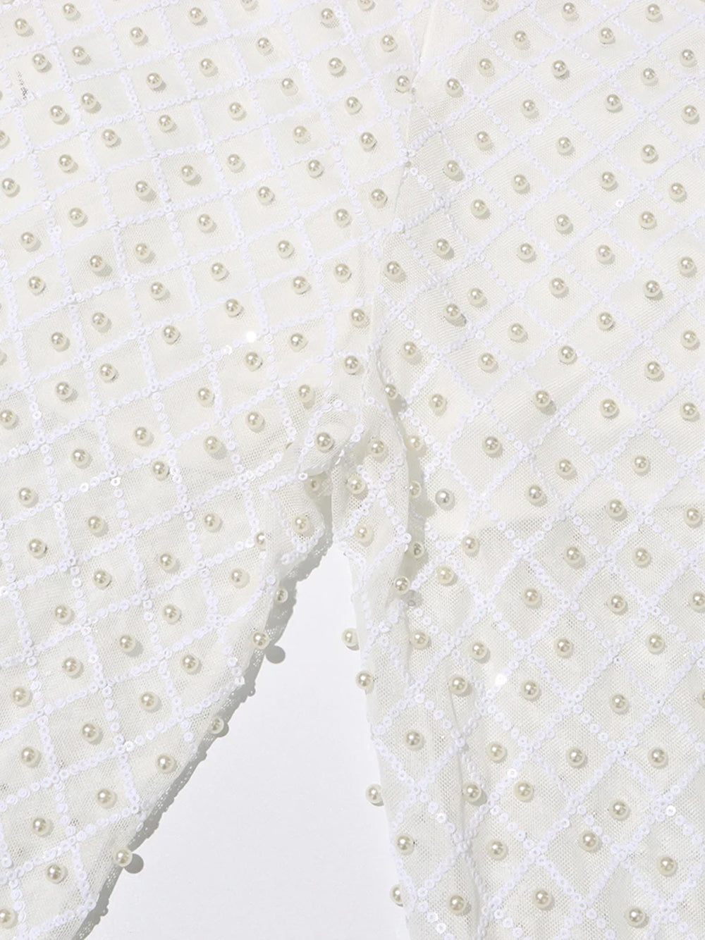 White Rosette Applique Satin Blazer and Pearl Beaded Pants Set