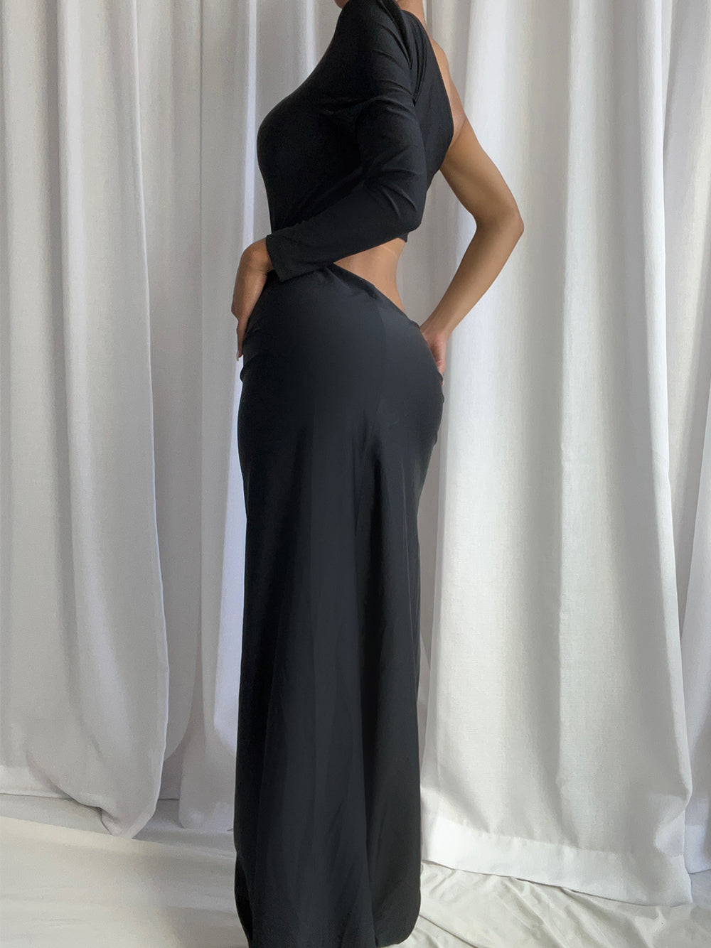 Black One Shoulder One Sleeve Cutout High Slit Bodycon Maxi Dress