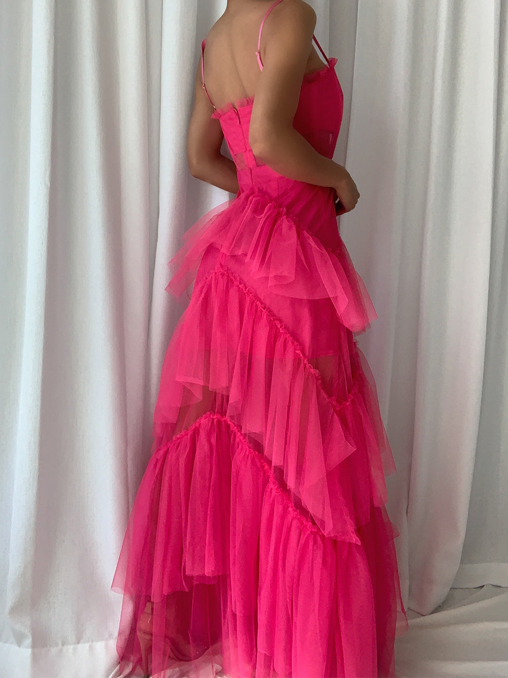 Fuchsia Square Neck Strap Corset Tulle Tiered Ruffle Maxi Gown 3