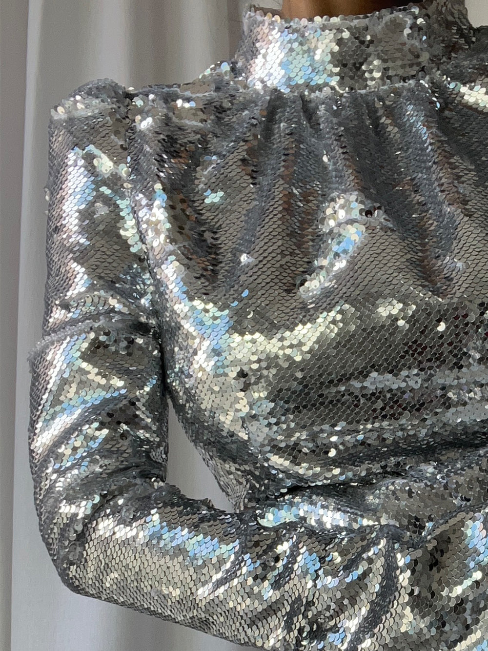 Silver High Neck Puff Sleeve Sequin Ruffle Hem A-Line Mini Dress