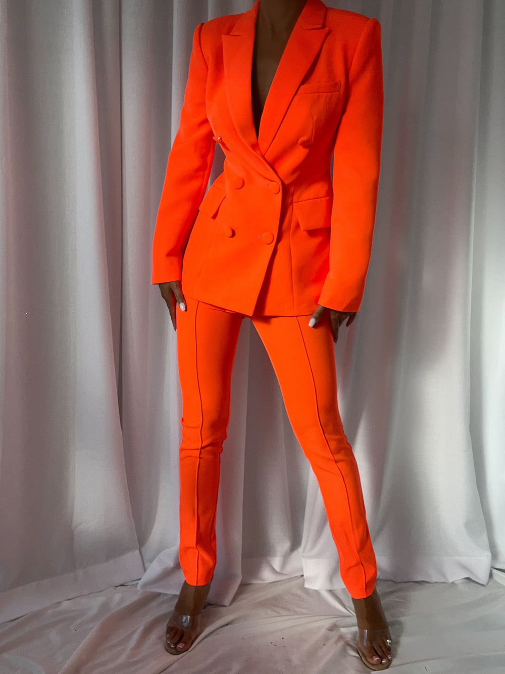 Orange Peak Lapel Double-Breasted Blazer Skinny Pants Set