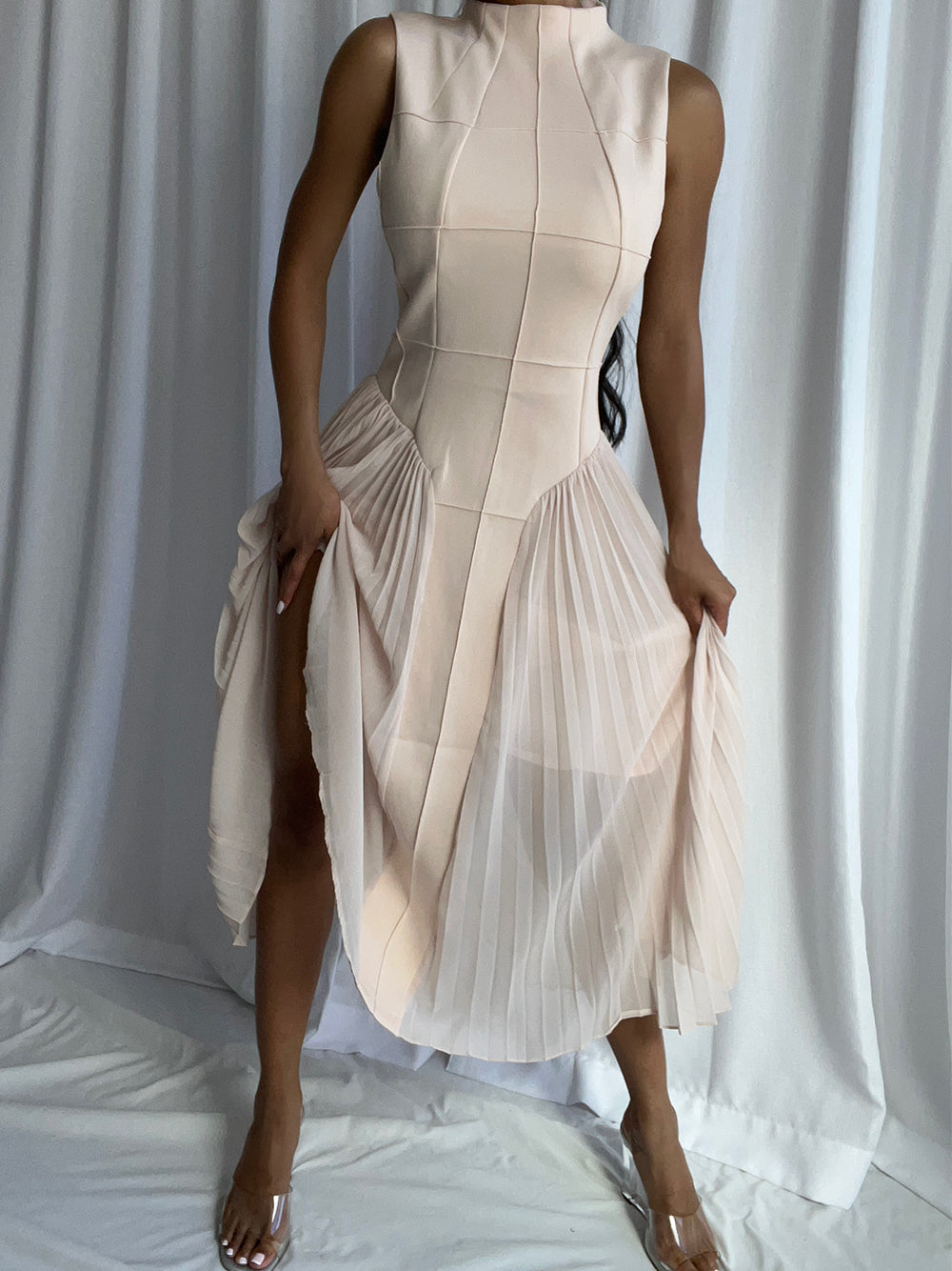 Apricot Mock Neck Sleeveless Grid Seam Pleated Fit And Flare Midi Dress