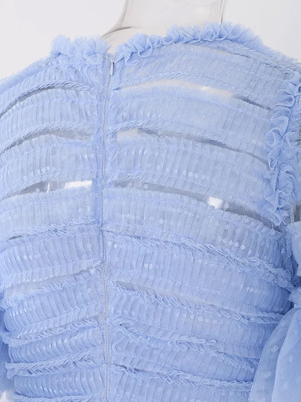 Arctic Blue Round Neck Tiered Ruffle Tulle Short Sleeve A-Line Maxi Dress