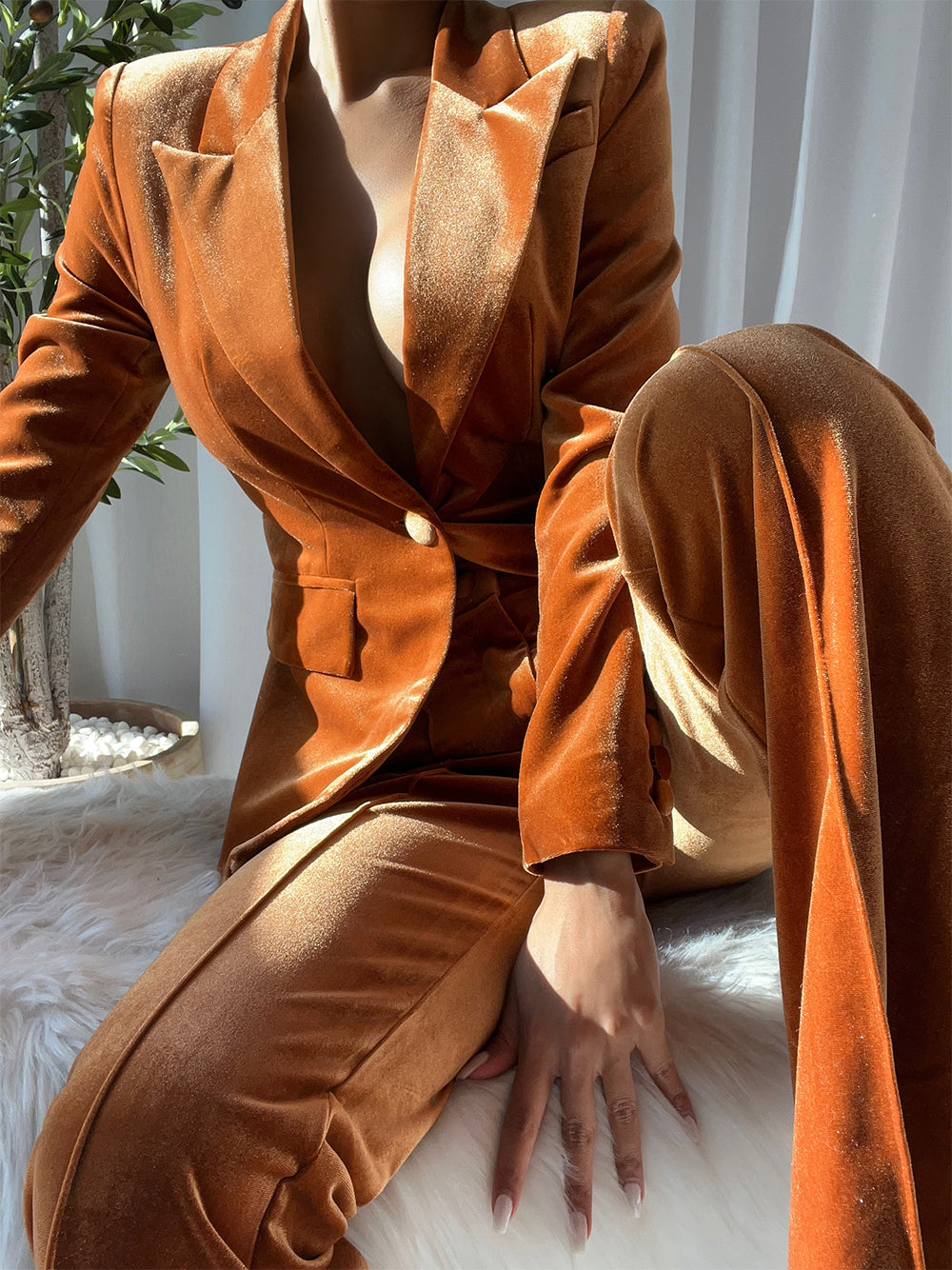 Brown Peak Lapel Velvet Blazer Flared Pants Set