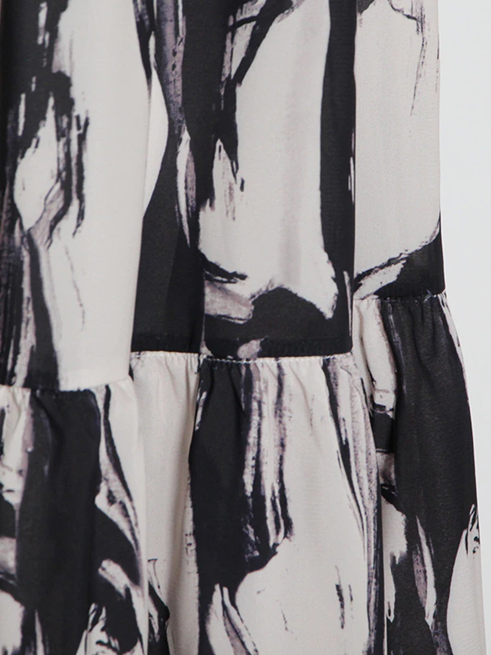 B&w Ruffle High Neck Puff Sleeve Abstract Print Tiered Midi Dress