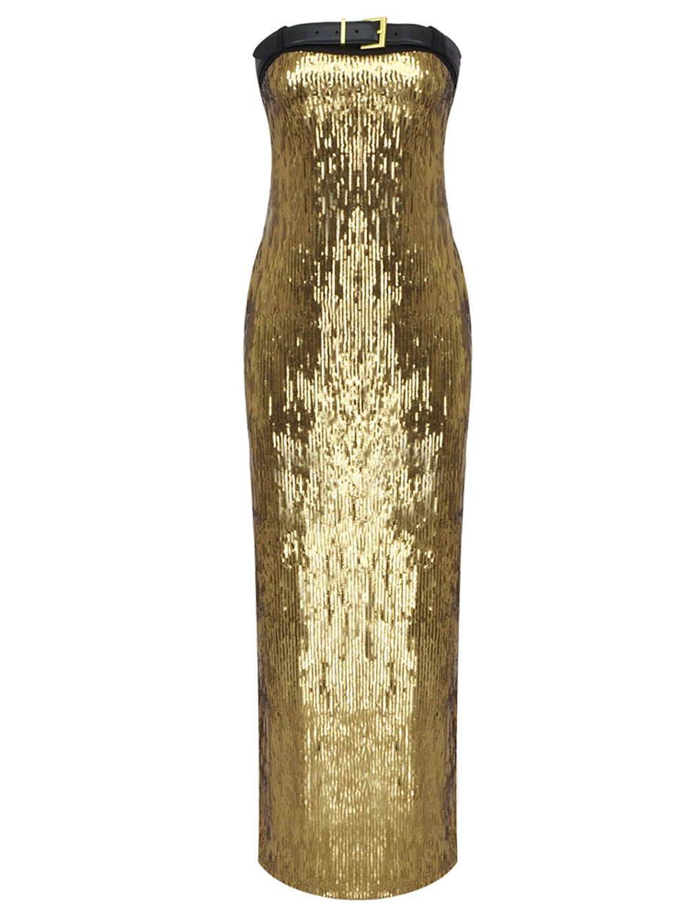 Gold Strapless Belted Sequin Ruched Bodycon Maxi Dress