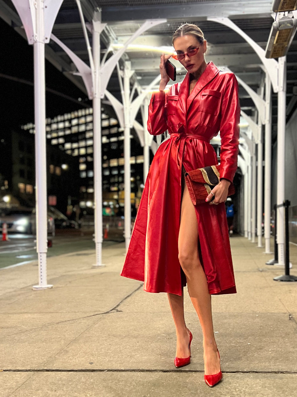 Lapel Belted Leather Maxi Trench Coat 6