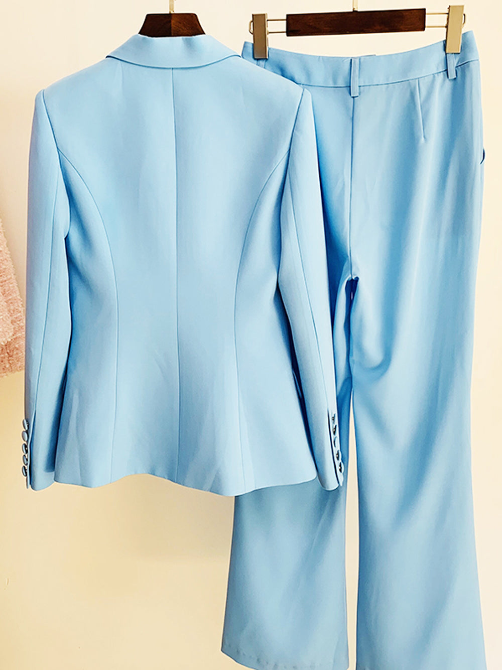 Light Blue Peak Lapel Single Button Blazer Flared Pants Set