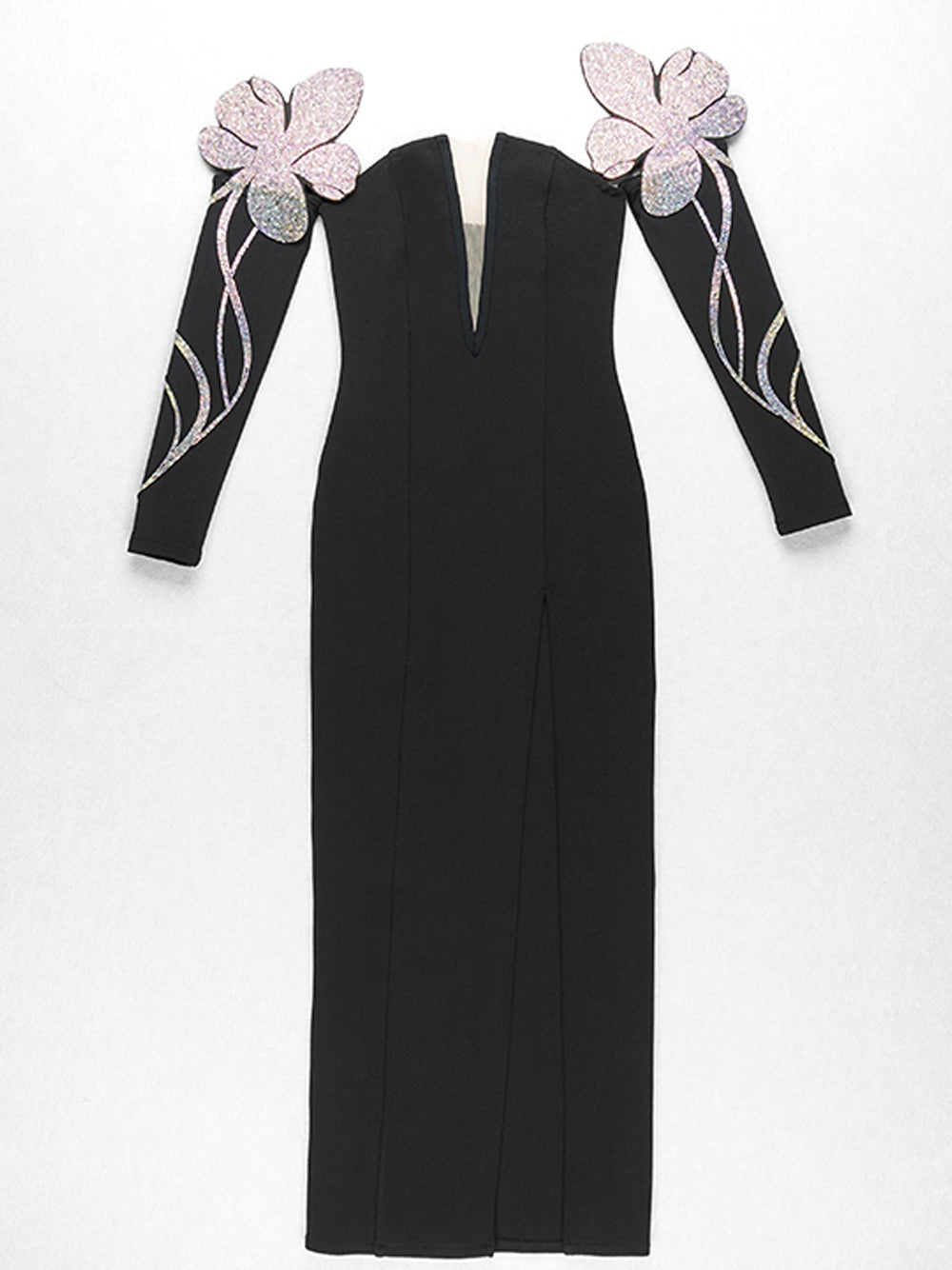 Black Off-Shoulder Rhinestone Floral Applique Long Sleeve High Slit Maxi Gown 7