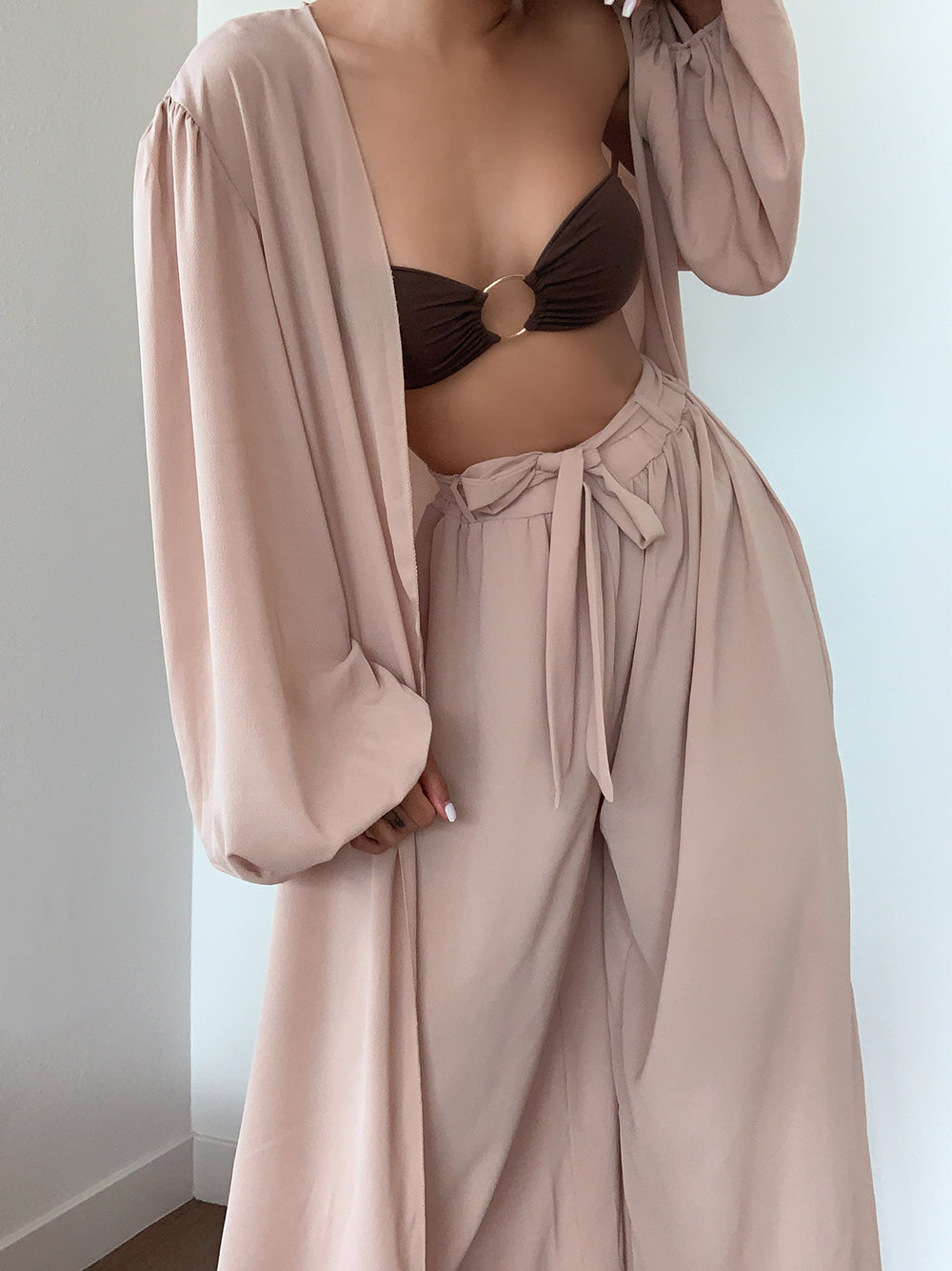 Open Front Balloon Sleeve Kimono Wide-Leg Pants Set