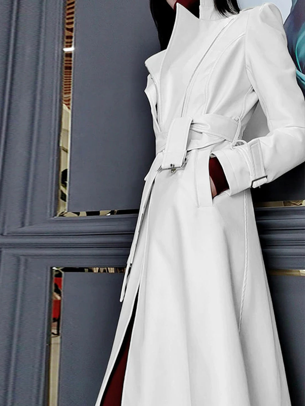 White Lapel Collar Zip Front Buckle Cuff Faux Leather Trench Coat