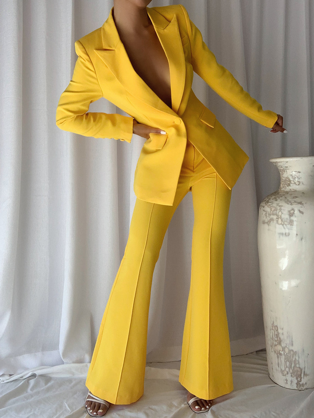 Yellow Peak Lapel Tailored Blazer and Flared Trouser Set