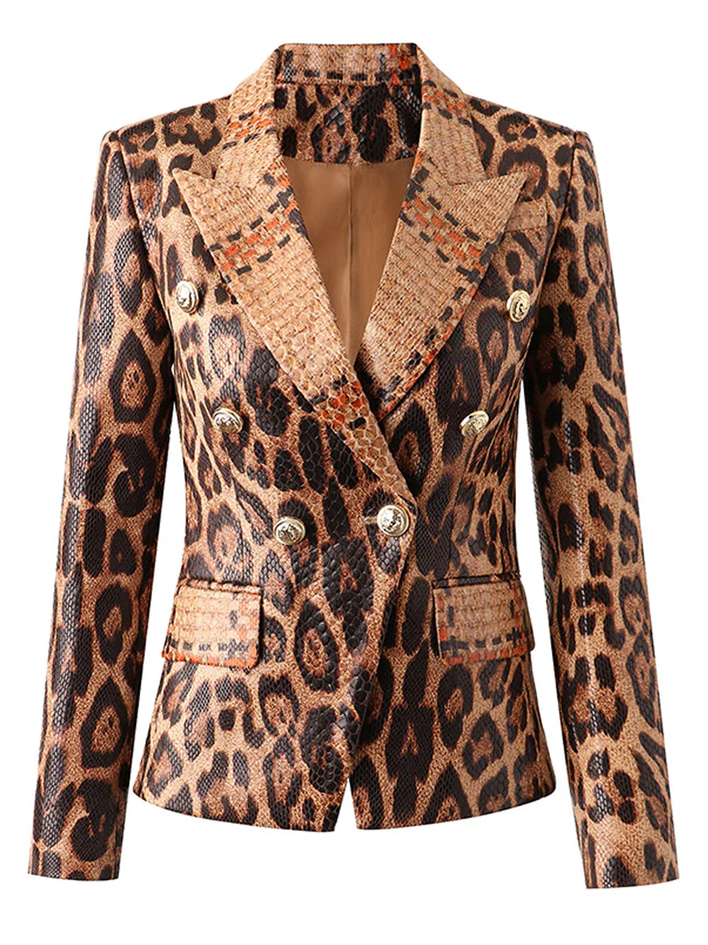 Leopard Peak Lapel Double Breasted Gold Button Leopard Blazer