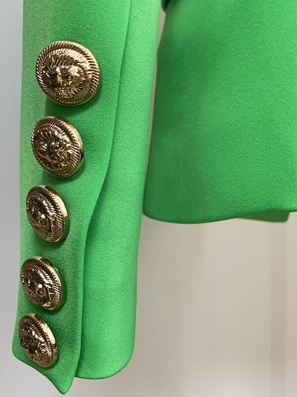 Green Peak Lapel Double Breasted Gold Button Fitted Blazer