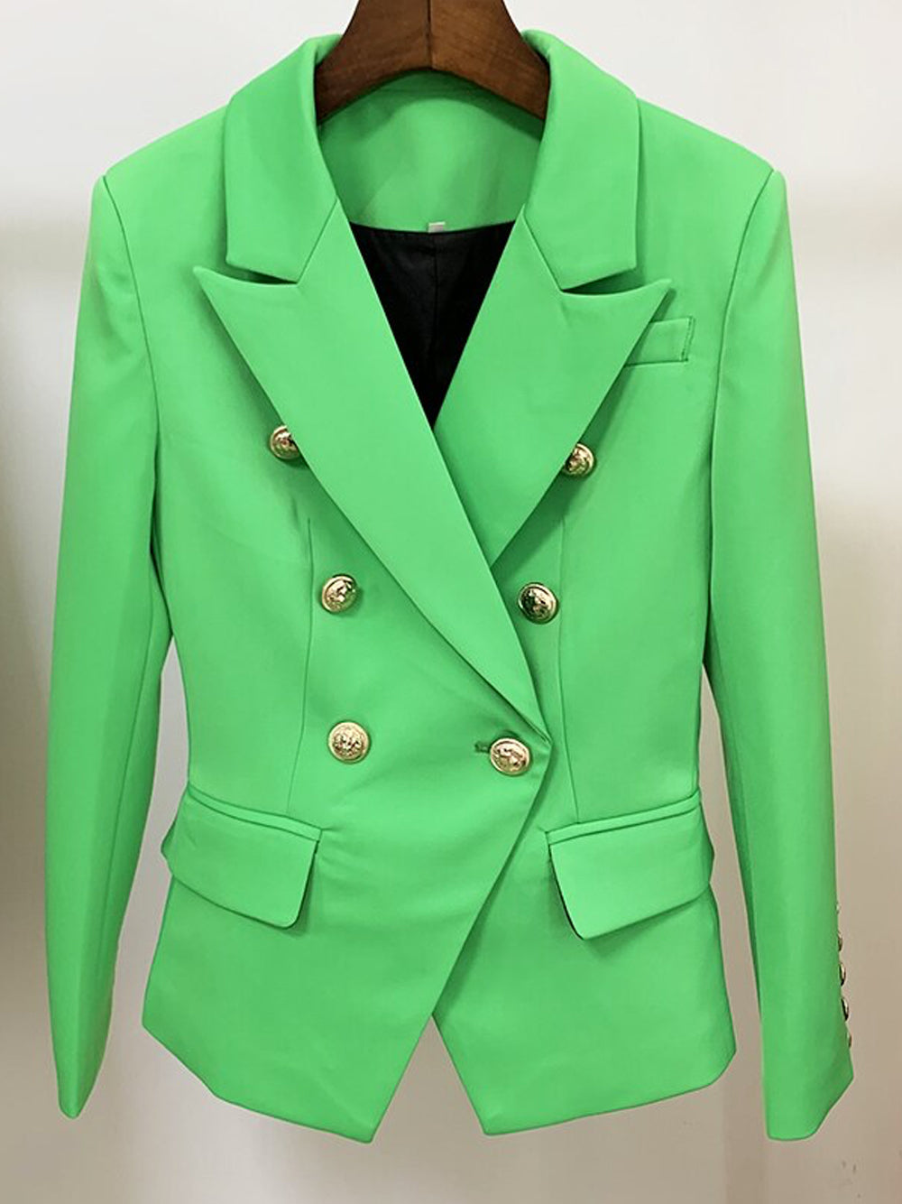 Green Peak Lapel Double Breasted Gold Button Fitted Blazer