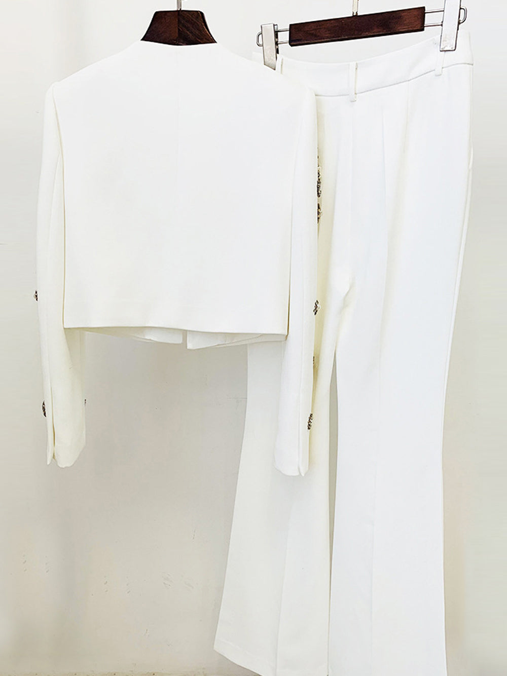 White Rhinestone Floral Embellished Cropped Jacket and Split Flared Pants Set