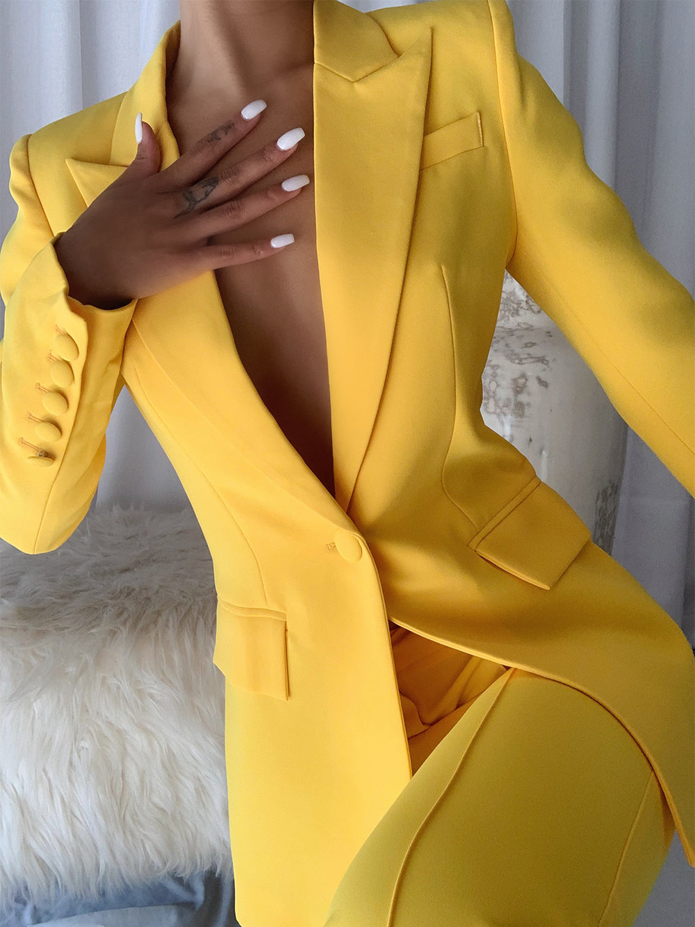 Yellow Peak Lapel Single Button Blazer and Flared Pants Set 8
