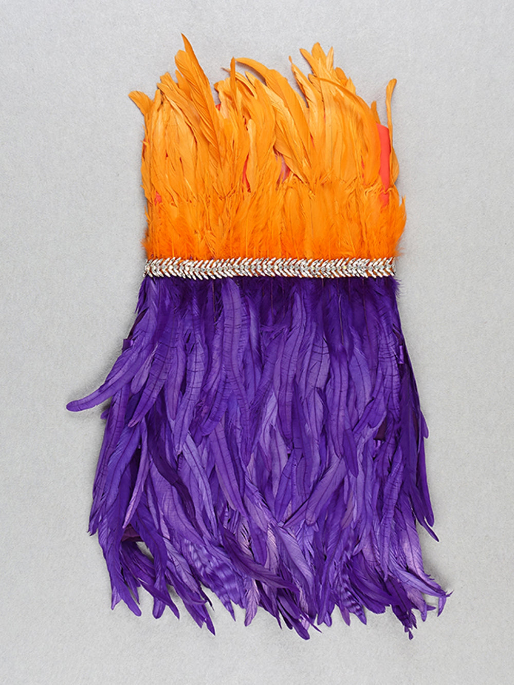 Orange Strapless Feather Trim Rhinestone Belt Bodycon Mini Dress 7