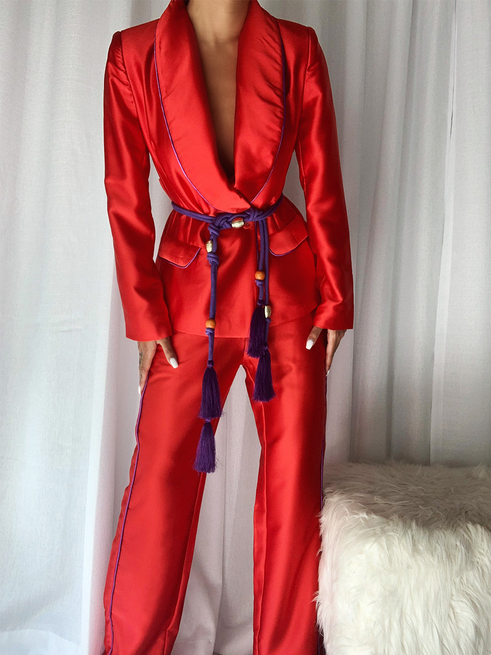 Red Satin Shawl Collar Piped Blazer And Pants Set 7