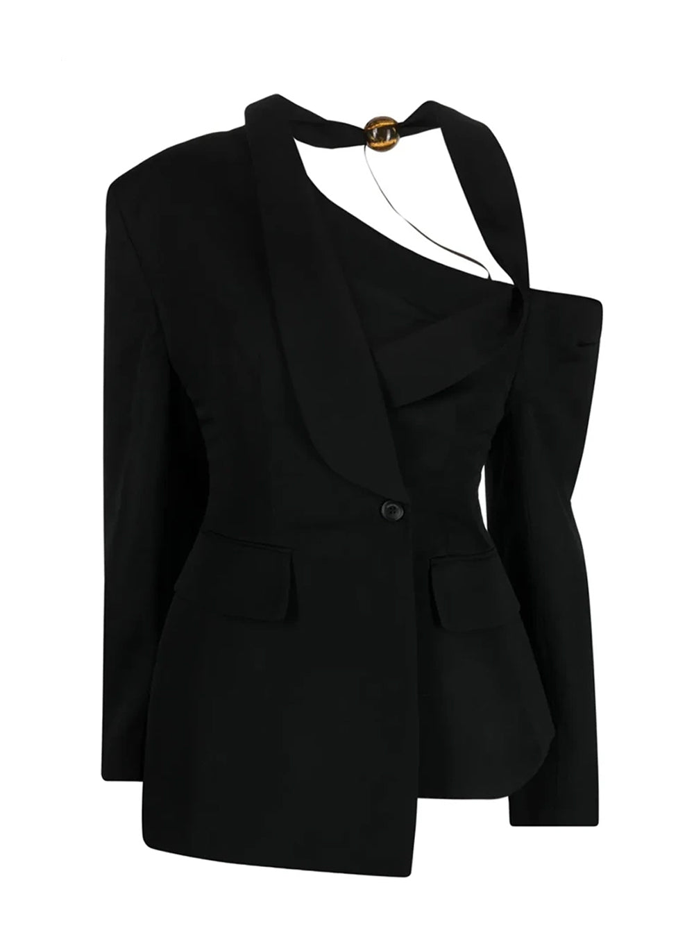 Black Asymmetric Cold Shoulder Halter Strap Tailored Blazer