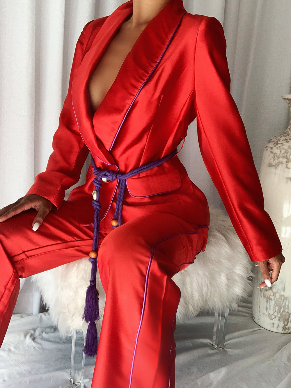 Red Satin Shawl Collar Piped Blazer And Pants Set 8