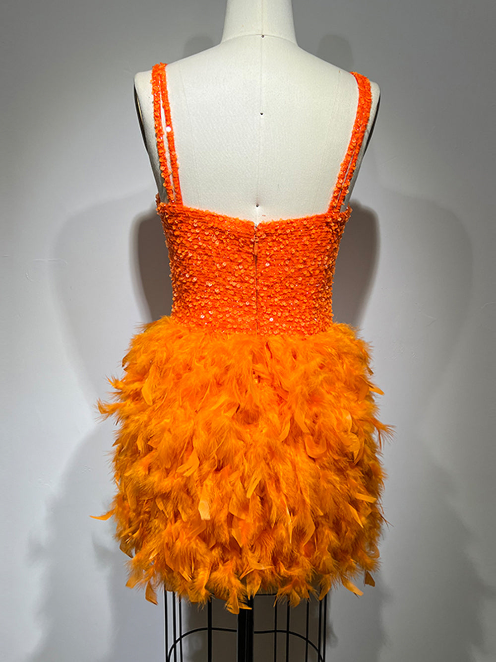 Orange Sweetheart Strappy Sequin Bodice Feather A-Line Mini Dress 7