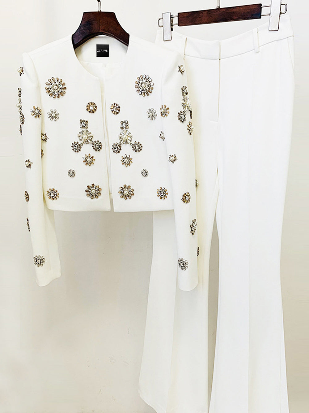 White Rhinestone Floral Embellished Cropped Jacket and Split Flared Pants Set