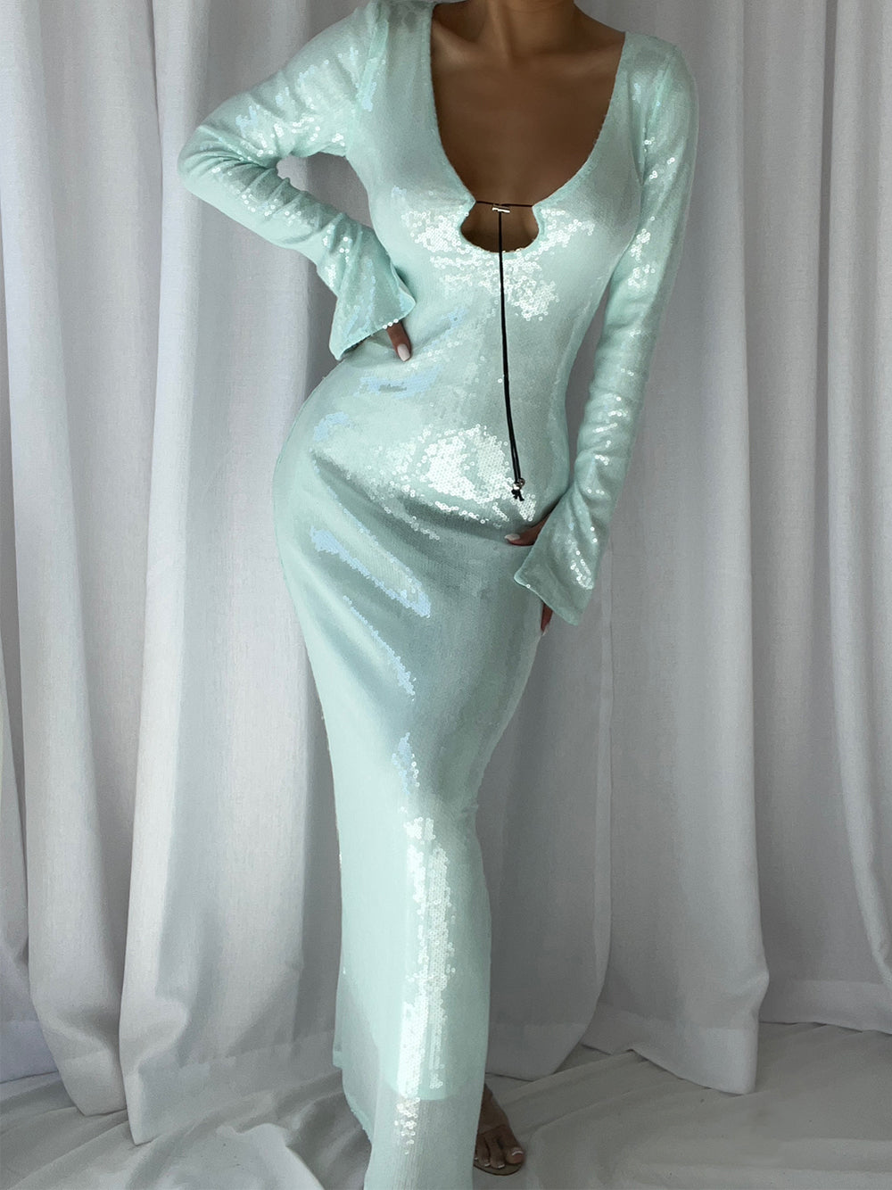 Mint Scoop Neck Long Sleeve Sequin Zip Front Bodycon Maxi Dress
