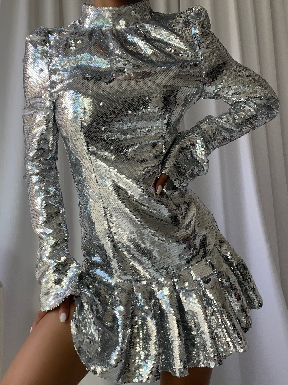 Silver High Neck Puff Sleeve Sequin Ruffle Hem A-Line Mini Dress