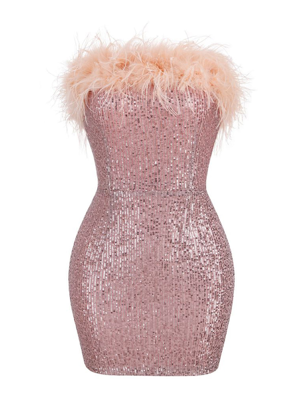 Pink Strapless Feather Trim Sequin Bodycon Mini Dress