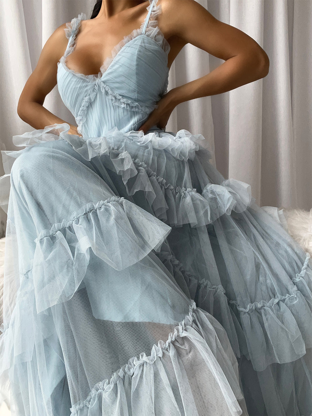 Light Blue Ruffle Strap Sweetheart Layered Tiered Tulle A-Line Maxi Dress